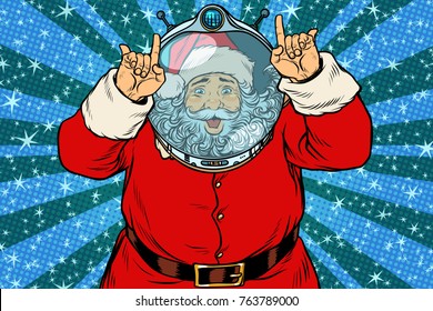 Funny Santa Claus astronaut makes faces. Pop art retro vector illustration