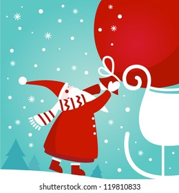 Funny Santa Claus with a bag full of presents on sledge. Cute Christmas and New Year vector illustration. Lovely winter holiday background and concept card in bright colors. Perfect for print and web