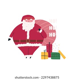 Funny Santa Claus with bag and gift boxes, cartoon flat vector illustration isolated on white background. Christmas greeting card. Cute winter character.