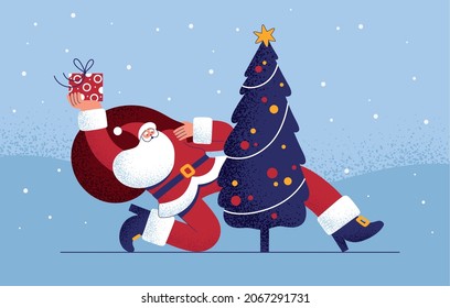 Funny santa claus with a bag of gifts and a gift box dancing extravagantly next to the Christmas tree. Charismatic mascot for Christmas sale or cute card