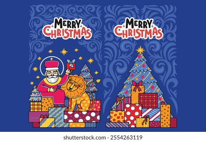 Funny santa claus with a bag of gifts and a gift box dancing extravagantly next to the Christmas tree. Charismatic mascot for Christmas sale 