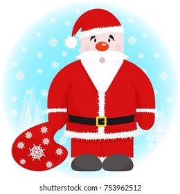 Funny Santa Claus with a bag of gifts on a snowy meadow with Christmas trees on a blue background. Snowfall. Christmas and New Year. Design for a banner, postcard, poster. Vector illustration.