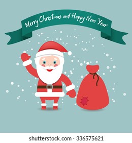 Funny Santa Claus with bag in red suit under snow, Christmas and New Year card.