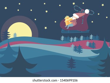 funny Santa Claus with a beard flies at night over the winter forest with gifts in his hands.Santa moves across the sky on a sleigh on Christmas night.Merry christmas and new year vector illustration.