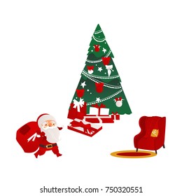 Funny Santa Claus, beautiful Christmas tree, many presents and cozy armchair, flat cartoon vector illustration isolated on white background. Christmas elements - Santa, fir tree, presents and armchair