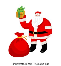 Funny Santa Claus with a big bag of gifts. Amazing funny character for New Year card, banner or poster. Happy New Year and Merry Christmas. Vector illustration on isolated background.