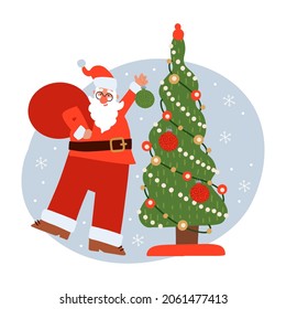 Funny Santa Claus with big red sack decorating Christmas tree with holiday toys. Cute winter holiday card. Christmas and New Year flat vector illustration for cards, web, banners and package.