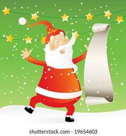 funny Santa Claus  with blank scroll paper list of presents  vector illustration