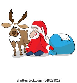 Funny Santa Claus with blue bag and brown deer.