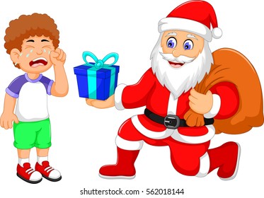 funny Santa Claus cartoon giving a gifts to little boy crying