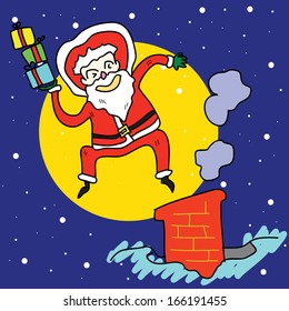 funny santa claus cartoon hand-drawn jump over chimney illustration