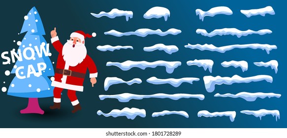 Funny Santa Claus in cartoon style with Snow caps, snowballs and snowdrifts set. Winter decoration element. Vector illustration