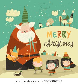 Funny Santa Claus celebrating Chistmas with cute kids