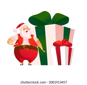 Funny Santa Claus character at big gift boxes isolated. Vector flat cartoon illustration. Front view. For tags, banners, cards, sale posters, advertise, web.