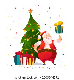 Funny Santa Claus character with gift boxes at decorated Christmas tree isolated. Vector flat cartoon illustration. For tags, banners, cards, posters, advertise, web.