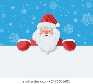 Funny santa claus character greeting. Santa head and place for text. Happy new year decoration. Merry christmas holiday. New year and xmas celebration. Vector illustration in flat style