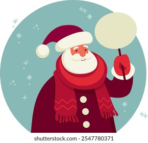 Funny Santa Claus character holding empty sign on the stick. Flat vector illustration