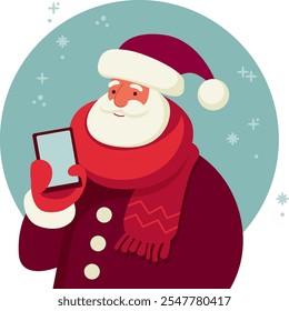 Divertido personaje de Santa Claus sosteniendo el teléfono inteligente móvil Ilustración vectorial plana
