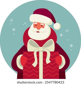 Divertido personaje de Santa Claus sosteniendo la caja decorada con regalo de Navidad Ilustración vectorial plana
