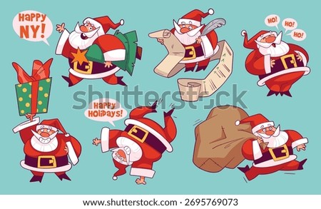 Funny Santa Claus characters in different poses with gifts, list, and bag of presents. Cheerful Christmas and New Year cartoon set for festive design and holiday greeting cards. Cartoon characters