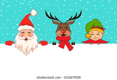 Funny Santa Claus, Christmas Deer, Elf. Cartoon Characters Friends with Clean Sheet
