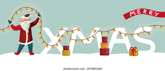 Funny Santa Claus with Christmas lights and gifts. Christmas banner. Xmas card. Vector illustration.