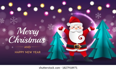 Funny Santa Claus with Christmas trees and garland on a purple background. Greeting horizontal card template.