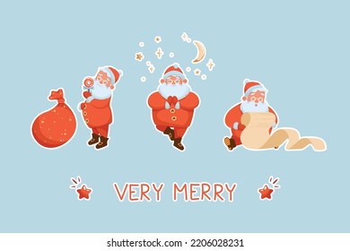 Funny Santa Claus Collection in different situations. Making yoga, enjoying lollipop and reading wishlist. Cute winter character great for holiday greeting cards, posters. Vector illustration.