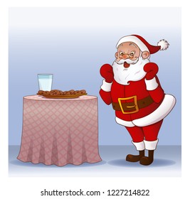 Funny Santa Claus with cookies and glass of milk