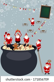 Funny Santa claus cooking together to celebrate the Christmas eve. Snow flakes falling on the background.