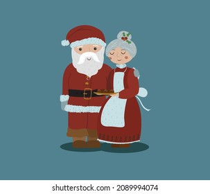 Funny Santa Claus with cute Mrs. Mrs. Claus Together. Vector cartoon character of Santa Claus and his wife. Merry Christmas. Happy new year. 