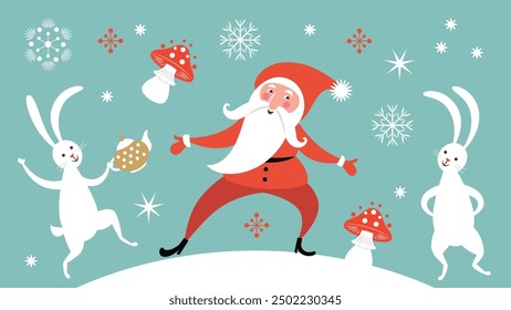 Funny Santa Claus and cute rabbits, Christmas Card