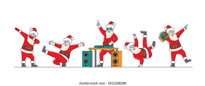 Funny Santa Claus Dancing. Funny Christmas Characters Making Dab Move, Dance Break and Hip Hop Style Dance, Young Teenage Culture, Holiday Greeting, DJ Club Party. Linear People Vector Illustration