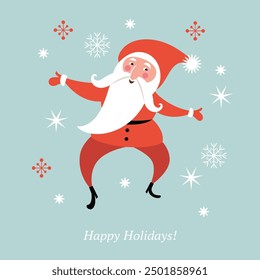 Сute funny Santa Claus is dancing , Christmas Carddancing on the chimney