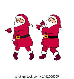 Funny Santa Claus dancing. Quirky cartoon character. Disco retro dance moves. Party traditional red costume. Isolated on white background. Christmas vector illustration for winter greeting 2019.