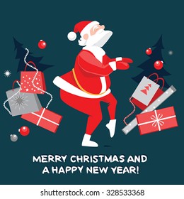 Funny Santa Claus dancing the twist, Christmas card in a cartoon style