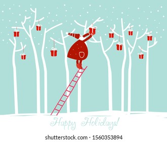 Funny Santa Claus decorating Christmas tree with presents. Cute winter holiday card. Stylish Christmas and New Year vector illustration