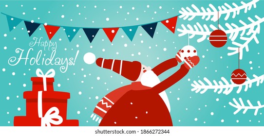 Funny Santa Claus decorating Christmas tree with holiday toys. Cute winter holiday card. Stylish Christmas and New Year vector illustration