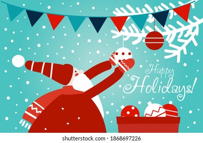 Funny Santa Claus decorating Christmas tree with holiday toys. Cute winter holiday card. Stylish Christmas and New Year vector illustration