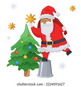 Funny Santa Claus decorating Christmas tree vector illustration isolated on white background. Winter holidays, Xmas and happy new year celebration concept