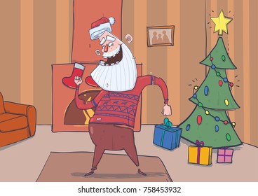 Funny Santa Claus in deer sweater smiling and dancing in decorated room with Christmas tree, stockigns and fireplace. Santa waves hands. Horizontal vector illustration. Cartoon character.
