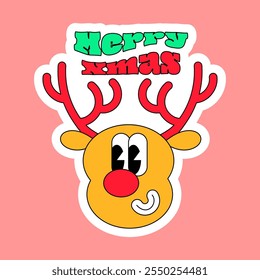 Funny Santa Claus deer wishes Merry Christmas. New Year velcro for decorating gift or card in style of 2000. Cartoon Y2K retro sticker on pink background