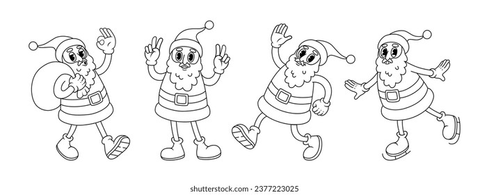 Funny Santa Claus in different poses. Groovy vector illustration in line style.