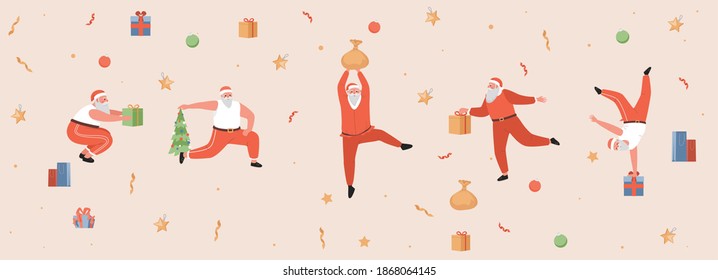 Funny Santa Claus doing morning exercises vector flat illustration. Cute winter holidays greeting card template. Gift boxes, Christmas tree, decorating balls and Santa Claus doing sport.