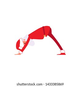 Funny Santa Claus doing yoga - winter holiday symbol in red Christmas costume and hat in meditation downward facing dog pose - isolated flat hand drawn vector illustration on white background