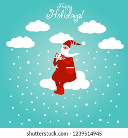 Funny Santa Claus drinking tea. Cute Christmas and New Year vector illustration card