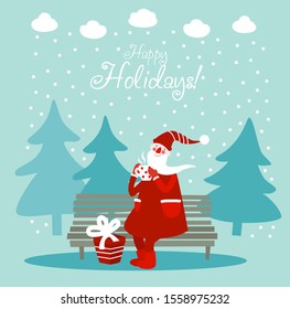 Funny Santa Claus drinking tea. Cute Christmas and New Year vector illustration card