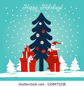 Funny Santa Claus drinking tea. Cute Christmas and New Year vector illustration card