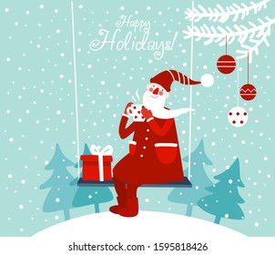 Funny Santa Claus drinking tea. Cute Christmas and New Year vector illustration card