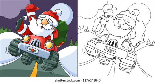 Funny Santa Claus Driving a Car Coloring Book with a Colored Example